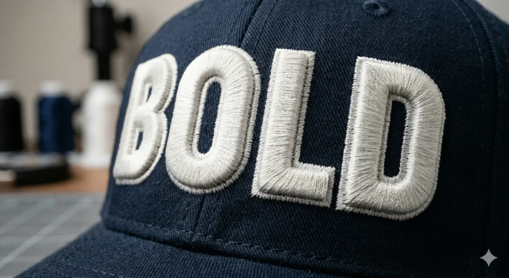 3D puff embroidery raised logo on cap with foam effect