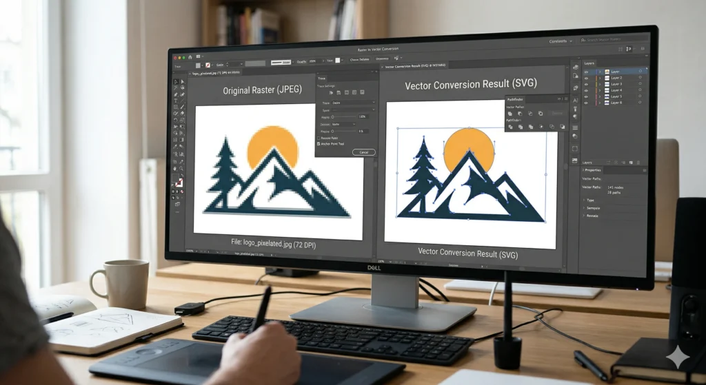 raster to vector conversion example showing pixel vs vector design