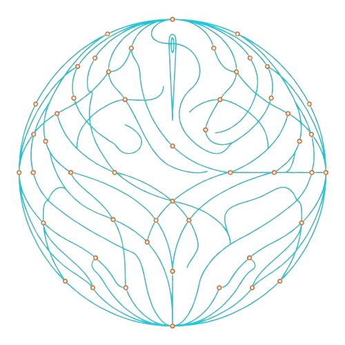 A circle adorned with a blue and brown pattern.