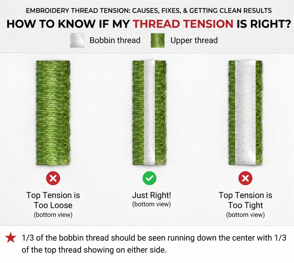 Embroidery thread tension problems compared with clean balanced stitches