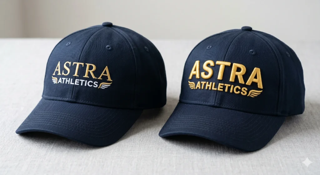 Flat embroidery and 3D puff embroidery comparison for custom logo branding